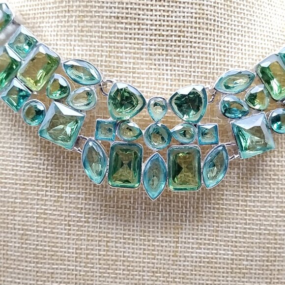Statement Green Glass Stone Bib Necklace Silver Tone Chunky Collar Boho Jewelry - Picture 12 of 16
